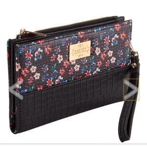 Nanette Lepore Black Wristlet Foldover RFID Snap Wallet in Floral Croc NWT